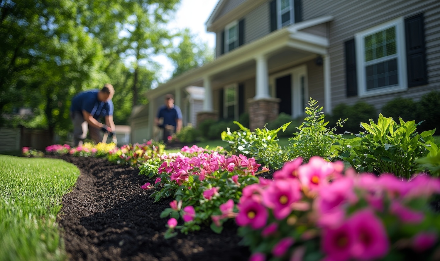 Two landscapers perfect a home's front yard with vibrant flowers and lush greenery, creating an inviting, well-maintained outdoor space. Maximizing-Your-Outdoor-Space-Patio-and-Deck-Trends-for-2025